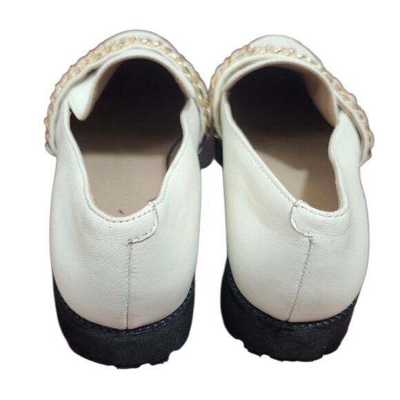 Karl Lagerfeld Paris Womens Loafers 8/38.5B Cream Leather Gold Chain Trim Chunky - Picture 8 of 10